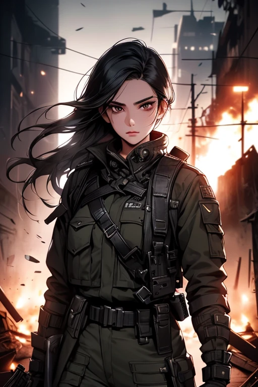 a 22 year old woman with straight black hair, beautiful detailed eyes, beautiful detailed lips, extremely detailed face, long eyelashes, wearing a black military uniform, standing in a war setting, dark skies, explosions, smoke, ruins, debris, destroyed city, cinematic lighting, dramatic shadows, muted color palette