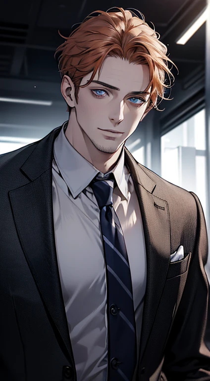 (best quality,4k,8k,highres,masterpiece:1.2),ultra-detailed,(realistic,photorealistic,photo-realistic:1.37),1 man,31 years old,mature man,very handsome,without expression,smile,short grey orange hair,blue eyes,penetrating gaze,perfect face without errors,imposing posture,businessman,office background,cinematic lighting,hdr image