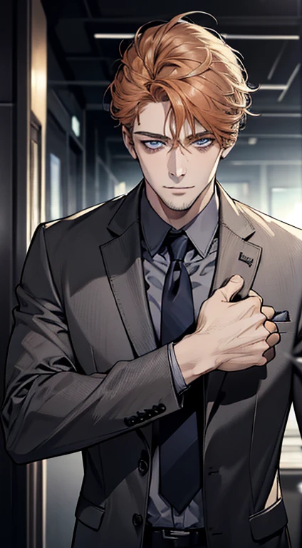 (best quality,4k,8k,highres,masterpiece:1.2),ultra-detailed,(realistic,photorealistic,photo-realistic:1.37),1 man,31 years old,mature man,very handsome,without expression,smile,short grey orange hair,blue eyes,penetrating gaze,perfect face without errors,imposing posture,businessman,office background,cinematic lighting,hdr image