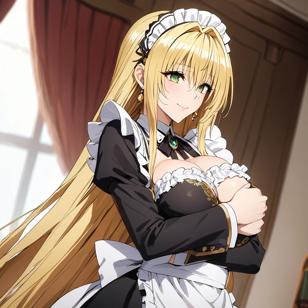 The luxurious and high-class Victorian maid outfit is evenly decorated with gorgeous gold embroidery and edging, and the blouse, apron, and headband also have gorgeous gold embroidery and edging.、((Highest quality)), ((masterpiece)), (detailed), (Perfect Face)、The woman is Tierre, with green eyes, medium-long blonde hair, a Victorian maid outfit and maid headband, jeweled earrings, and an engagement ring.、The woman is smiling fondly in a luxurious room、The Victorian maid uniform is a calm, old-fashioned type with long sleeves and a long skirt, decorated with luxurious gold embroidery and edging.、The woman holds her baby daughter in her arms