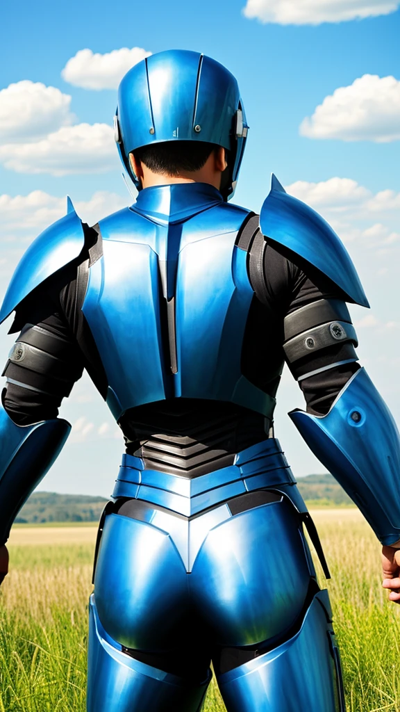 high resolution、Vast grassland、Blue sky、One man、wearing iron armor、back pose、