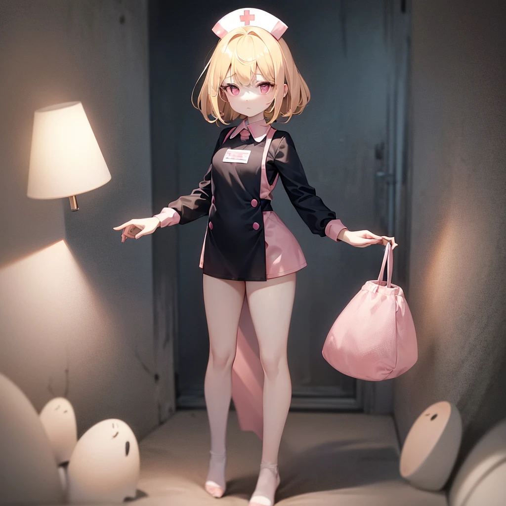 ((nurse)),(Pale pink clothes),Cute little ,Tiny ,Small girl,,Childish face, Very fine clean face,Top quality,Straight Hair,Yellow hair,(Dark Room), Subtle light, Natural light,Soft lighting,Light from directly behind,(Open your hands), (Are standing),Front view,Black background