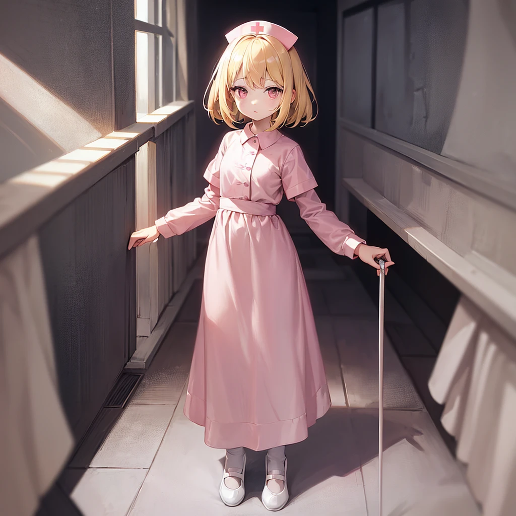 ((nurse)),(Pale pink clothes),Cute little ,Tiny ,Small girl,,Childish face, Very fine clean face,Top quality,Straight Hair,Yellow hair,(Dark Room), Subtle light, Natural light,Soft lighting,Light from directly behind,(Open your hands), (Are standing),Front view,Black background