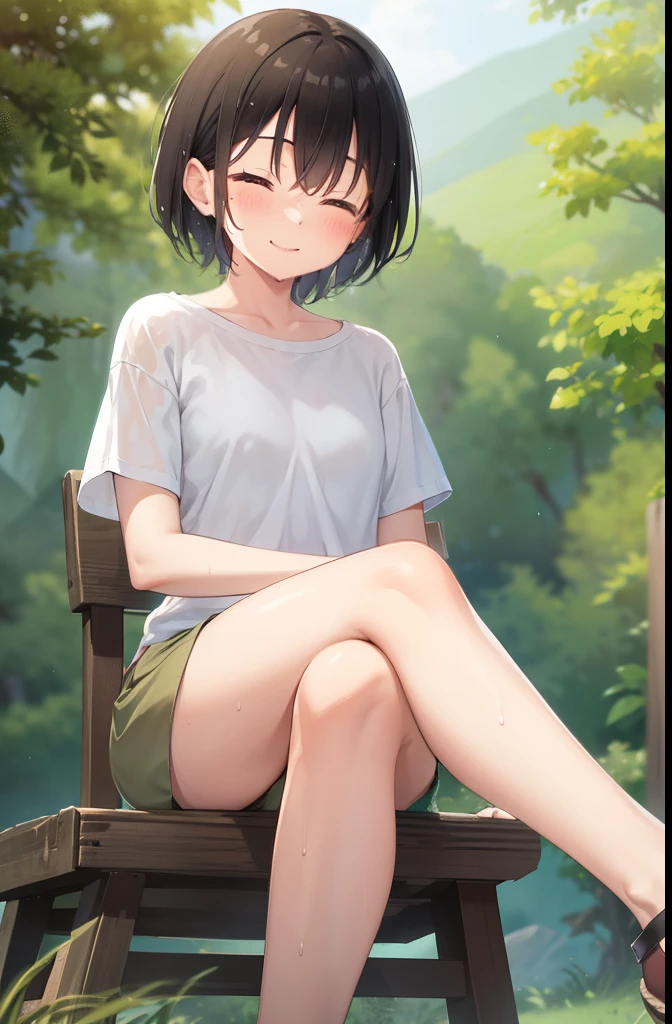Mountain trail,smile,Sitting with legs crossed,close your eyes,1. small ,short hair,Black Hair,blush,White T-shirt,Olive green shorts,Brown Sandals,White skin,From below,shy,Open your mouth,Wet,