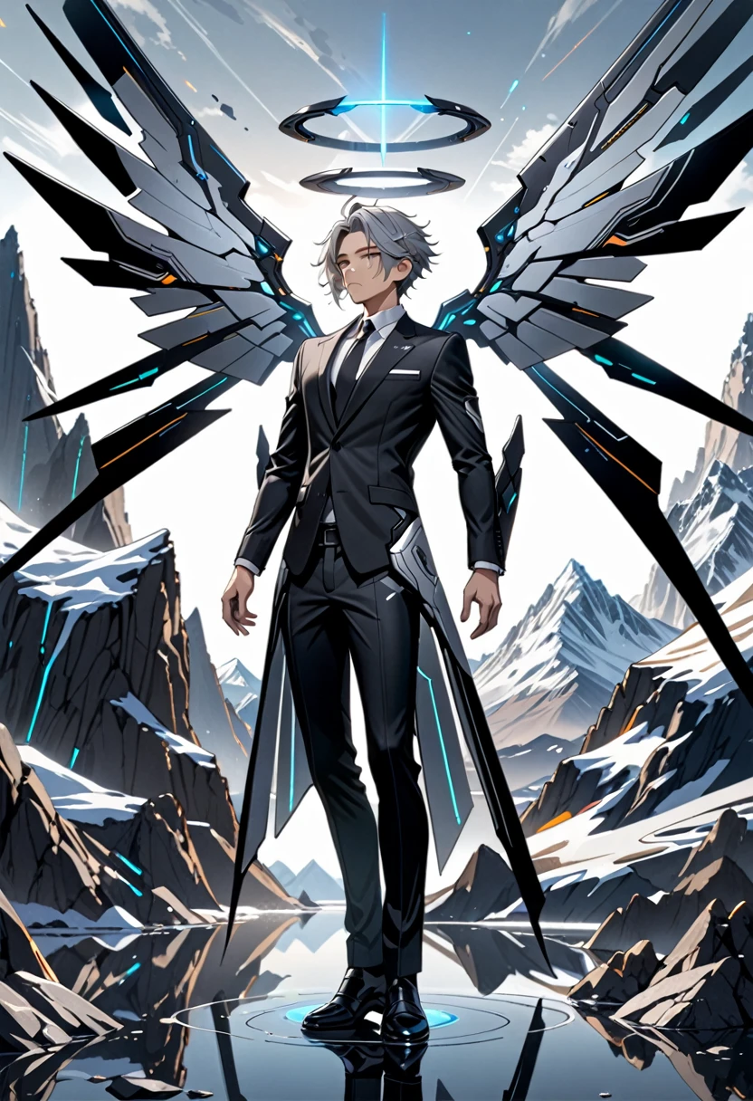 masterpiece, highest quality, highest resolution, clear_image, detailed details, gray hair, 1 boy, futuristic wings, futuristic halo, black suit, full body, no water marks, mountain, no extra limps, no extra body