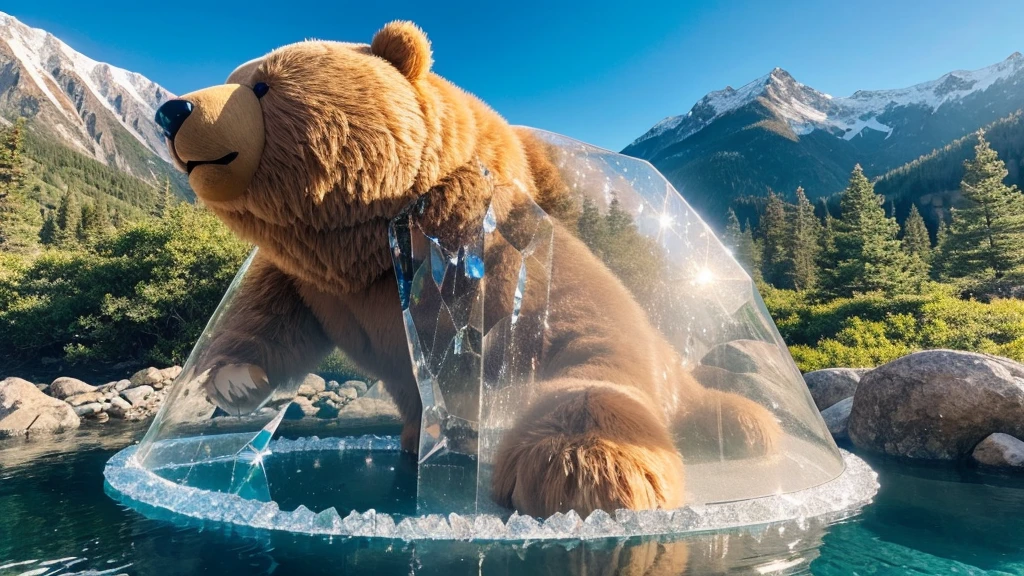 A gigantic bear cloaked in transparent crystals, residing deep within the mountains, shimmering beautifully under the sunlight, displaying the serene and majestic Crystal Bear