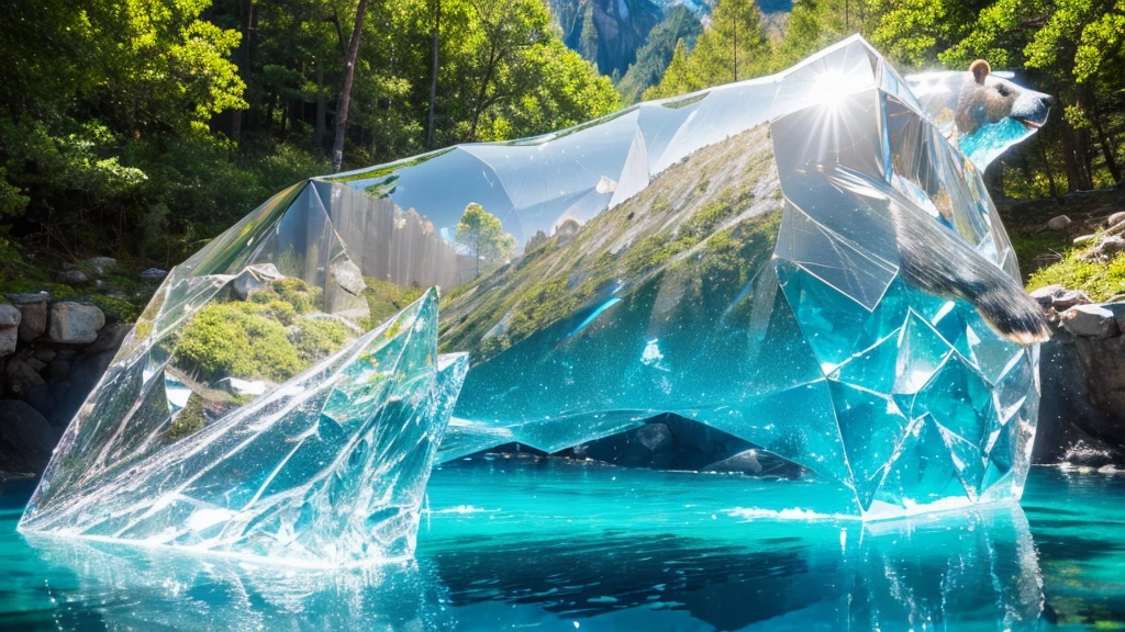 A gigantic bear cloaked in transparent crystals, residing deep within the mountains, shimmering beautifully under the sunlight, displaying the serene and majestic Crystal Bear