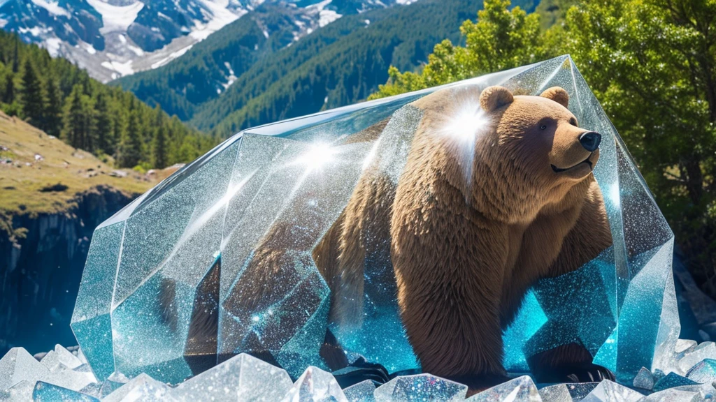 A gigantic bear cloaked in transparent crystals, residing deep within the mountains, shimmering beautifully under the sunlight, displaying the serene and majestic Crystal Bear