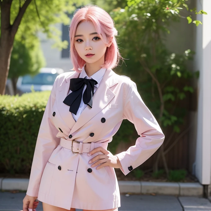 (panty shot :1.3),One person girl,View Lens,Pink Hair,Wear ,masterpiece,high quality,8K,最high quality,Realistically,Vivid details,One huge breasted girl,Adorable,Beautiful face with lots of detail,One Man,View your viewers,The street faces the wall,Standing on the street,uniform,Perfect detail。