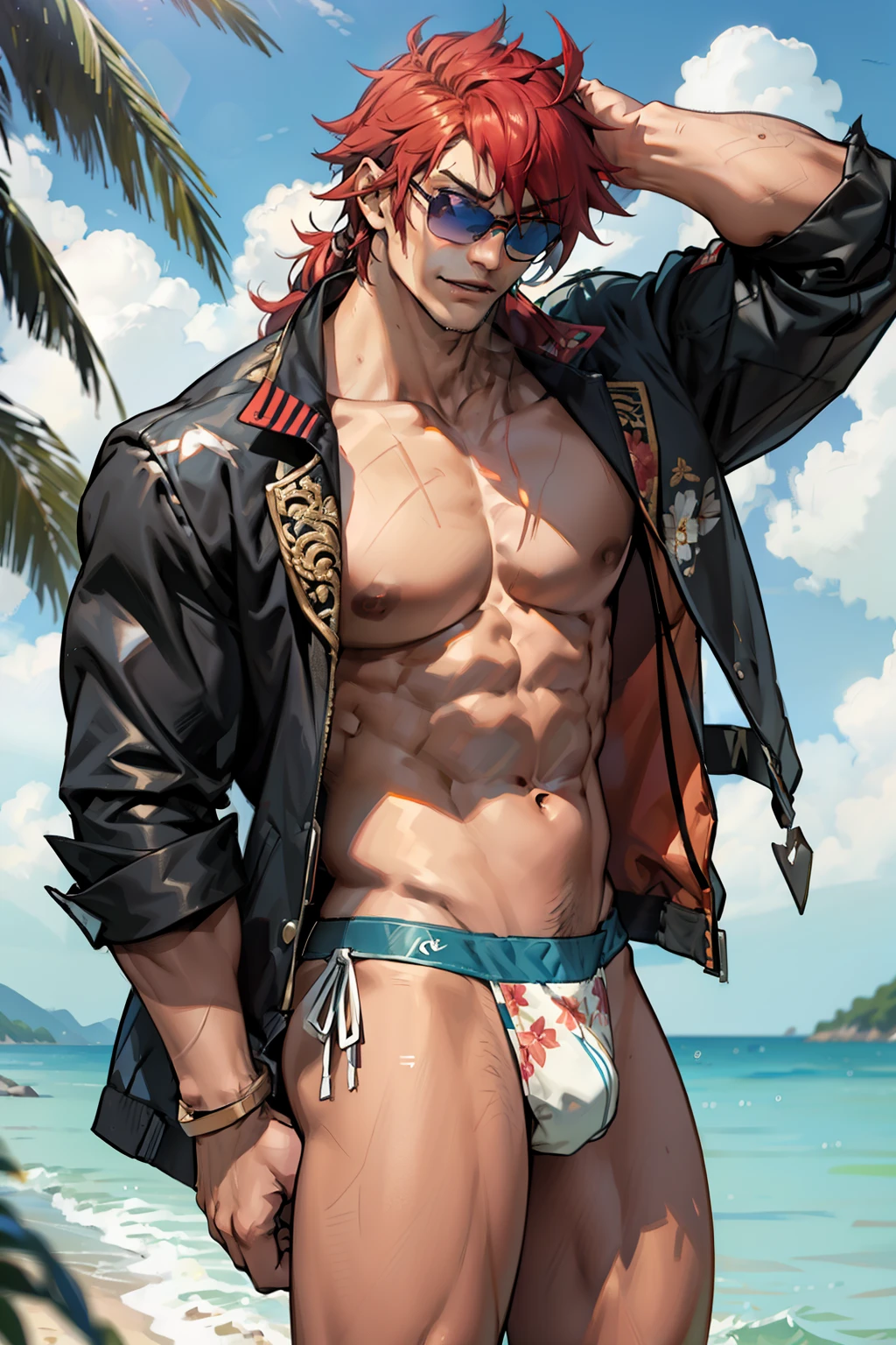 (เด็กชาย 1 คน,เป็นผู้ชาย),หนุ่มอนิเมะกล้ามโตในยิม, facial expression like masturbation, 1boy, bikini, Tight muscles, Broad shoulders, Handsome and old, Tiny underwear, Sexy, sex, Guy, Gay, Sea, jacket, sunglasses, boy, floral bikini, Apple hair, tight leg muscles, big Cook, Muscular anime guy, big cook,