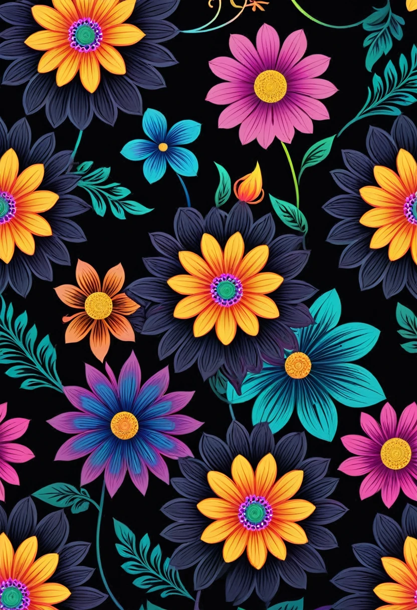 a close up of a pattern of flowers on a black background, dark flower pattern wallpaper, stylized geometric flowers, stylized flowers, ornate flowers, background chaotic flowers, neon flower卉图案, flower卉图案, flower卉图案, colored flowers, artistic tribal patterns, Seamless pattern :: symmetry, swirling flowers, flower, flower power motifs, patchy flowers, Seamless pattern design