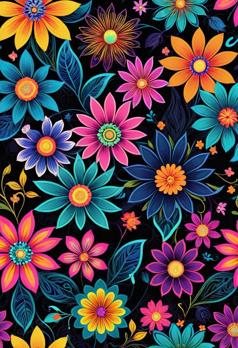 a close up of a pattern of flowers on a black background, dark flower pattern wallpaper, stylized geometric flowers, stylized flowers, ornate flowers, background chaotic flowers, neon flower卉图案, flower卉图案, flower卉图案, colored flowers, artistic tribal patterns, Seamless pattern :: symmetry, swirling flowers, flower, flower power motifs, patchy flowers, Seamless pattern design