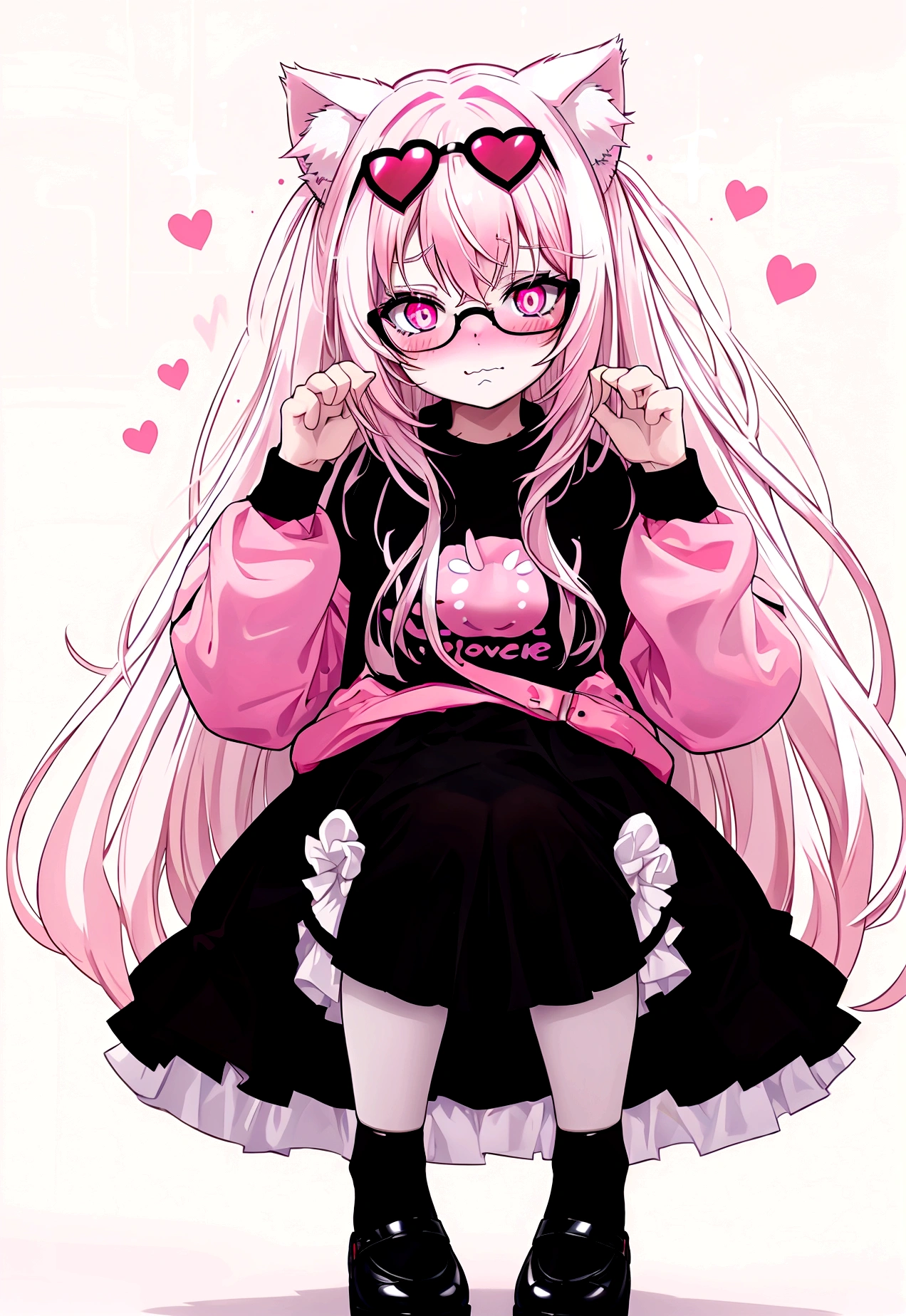 I have white pink hair, cat ears, A good, my face is super red, black glasses, pink heart eyes, a big pink sweatshirt, a black skirt, black stockings, White shoes, A cat&#39;s cola, a woman. very shy