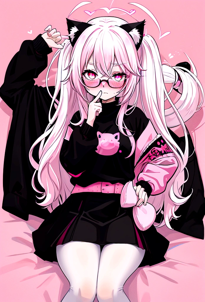 I have white pink hair, cat ears, A good, my face is super red, black glasses, pink heart eyes, a big pink sweatshirt, a black skirt, black stockings, White shoes, A cat&#39;s cola, a woman. very shy