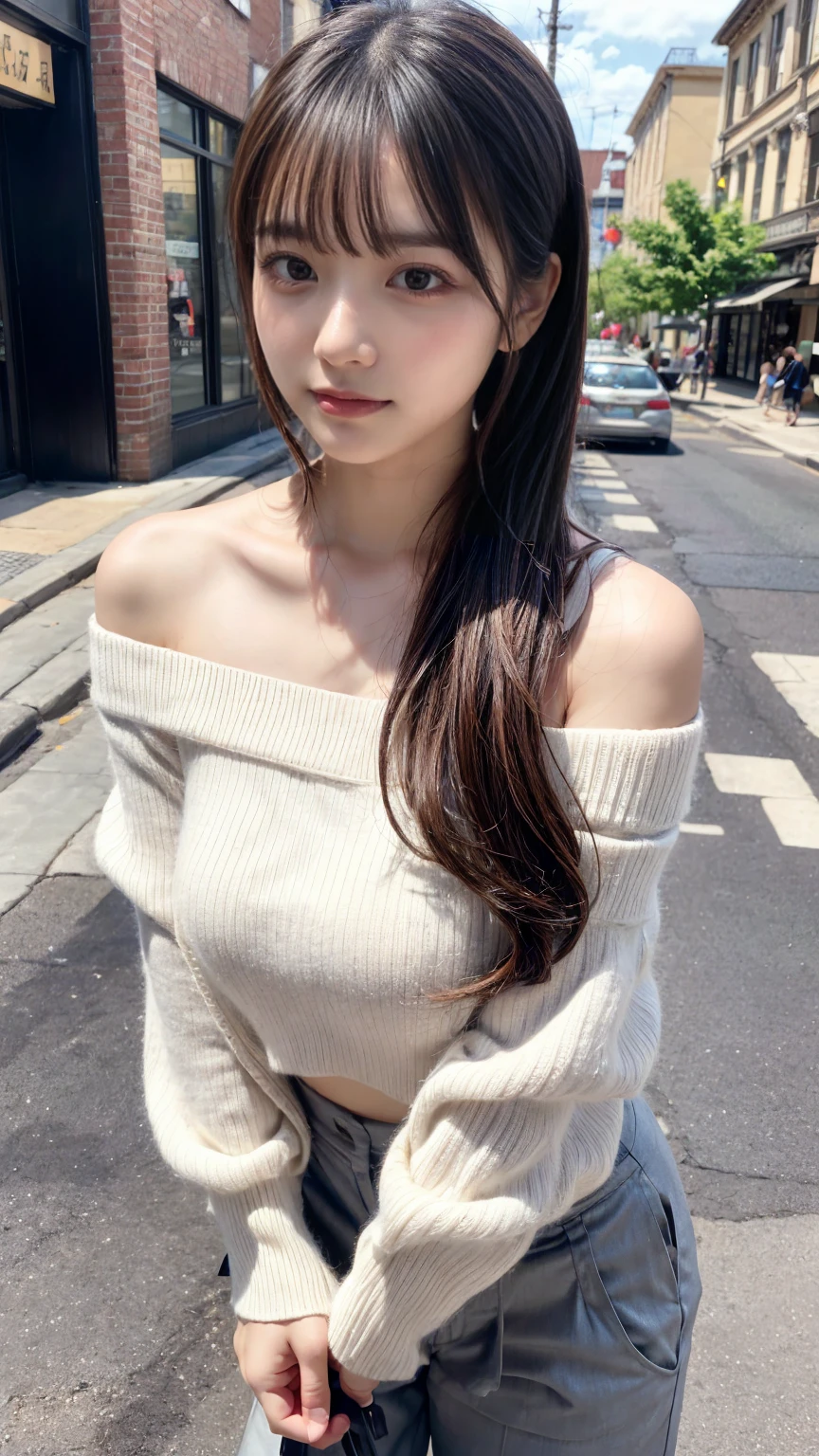 Short length、 ((White knitted loose off-shoulder top、Cropped trousers)), Brown Skin、Huge breasts, expresses the roundness and softness of the chest area, (plumpy body, perfect body shape), Medium ponytail、Light brown hair,Messy bangs、Cheeky look、Redness on the cheeks、Raise the corners of the eyes、Triumphant thin eyebrows、Young Face、 ((Very detailed)), Perfectly detailed face, Great hands, Photorealistic images、((Full Body Shot、Shooting from the side))、street、Sexy pose