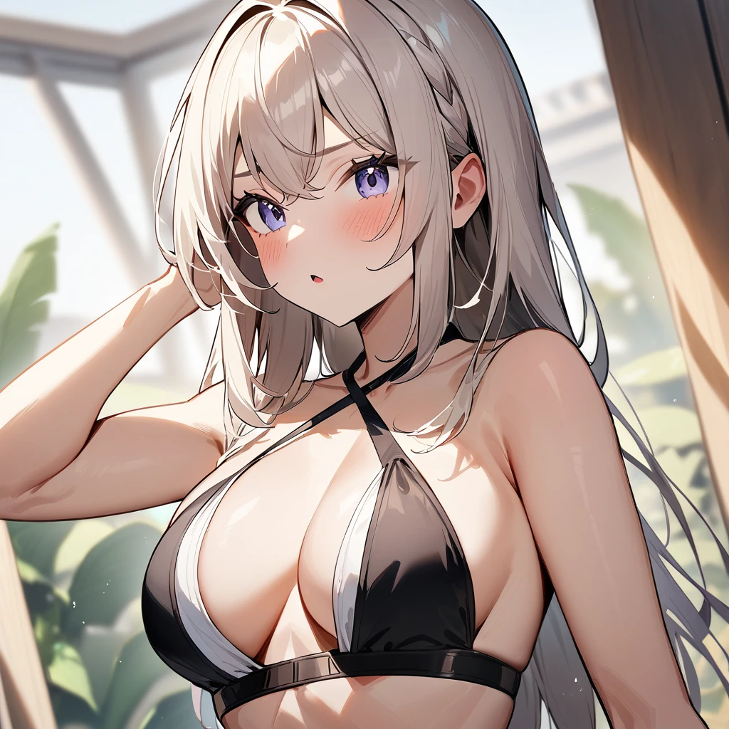 1 girl,
A bikini top style where the top wraps around the wearer's neck like a halterneck, then covers the front and wraps along the sides to connect both ends on the back.
The top often has a criss-cross halter front strap style to physically create this style. It's based on the pretzel swimsuit style, originally for hollowed one-piece and/or slingshot swimsuits.
This tag doesn't apply if there is a bridged strap on the bikini top.
,masterpiece, best quality, very aesthetic, absurdres