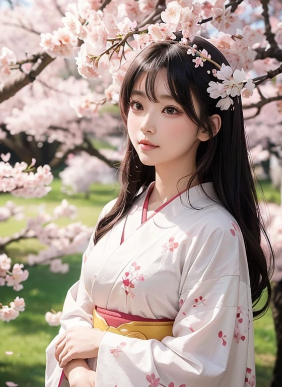 "Konohanasakuya-hime, the Japanese goddess of cherry blossoms from mythology. Depict a beautiful woman standing under a canopy of blooming cherry trees. She is dressed in a traditional, elegant kimono with cherry blossom patterns, and her hair is adorned with cherry blossoms. She is surrounded by petals gently falling in the breeze, and a soft smile graces her face. The background features a serene spring landscape, with soft sunlight filtering through the trees. Konohanasakuya-hime embodies the beauty of nature and fertility."

