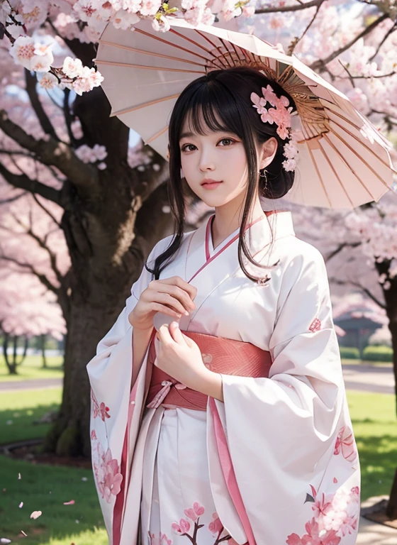 "Konohanasakuya-hime, the Japanese goddess of cherry blossoms from mythology. Depict a beautiful woman standing under a canopy of blooming cherry trees. She is dressed in a traditional, elegant kimono with cherry blossom patterns, and her hair is adorned with cherry blossoms. She is surrounded by petals gently falling in the breeze, and a soft smile graces her face. The background features a serene spring landscape, with soft sunlight filtering through the trees. Konohanasakuya-hime embodies the beauty of nature and fertility."

