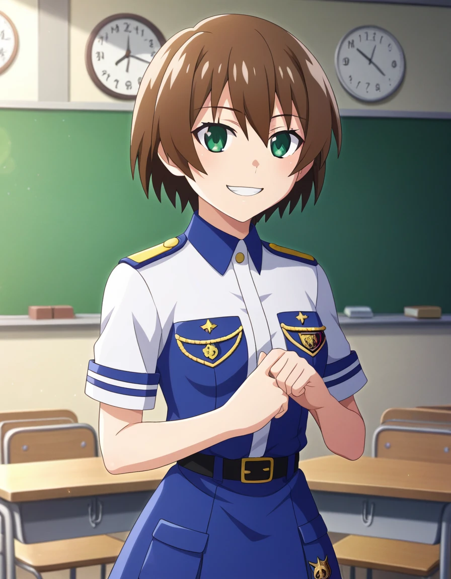 sauce_anime, anime_Screen Cap, masterpiece, Highest_quality, No correction, higurashimei, 
A refreshing man, student,uniform, In the classroom, Short hair, ash brown,Green eyes,Sharp Eyes,smile, Ultra HD, Realistic, Bright colors, High detail, UHD rendering, Perfect composition, A beautiful and detailed complex
　