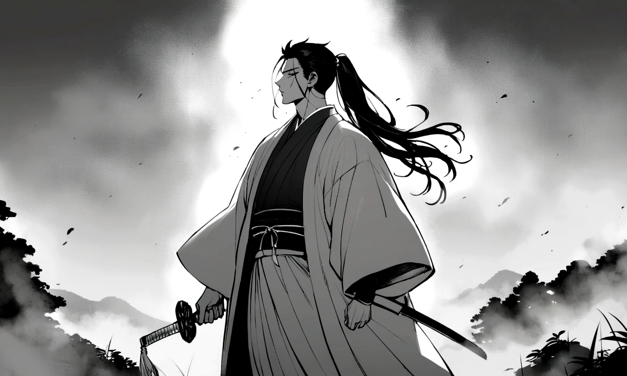 Samurai X Quilonman, alone, Long Hair, One boy, ponytail, Male Focus, Redhead, kimono, kimono, scar, knife, sheath, scar on face, warrior,Monochrome,fog