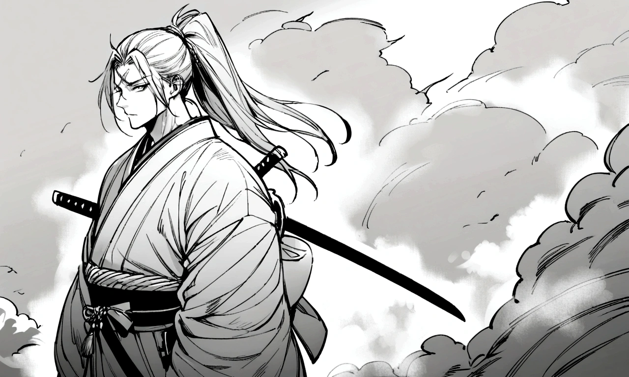 Samurai X Quilonman, alone, Long Hair, One boy, ponytail, Male Focus, Redhead, kimono, kimono, scar, knife, sheath, scar on face, warrior,Monochrome,fog
