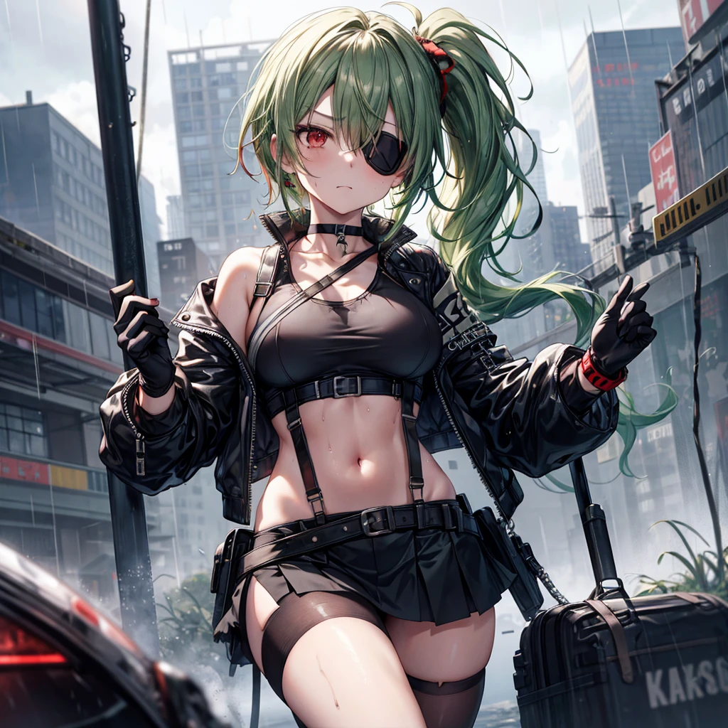 ((Highest quality)), ((masterpiece)), ((detailed)), (4K), 1woman, 独奏, ((eyepatch)), red eye, middle hair, messy hair, green hair, side ponytail, (fighter), crop top, leather jacket, medium breasts, see through, Torn miniskirt, suspender skirt, torn pantyhose, choker, bracelet, ((rain)), (wet), gloves, (expressionless), scowl, (from below), (looking down), face focus, looking at viewer, (open legs), fighting stance, wasteland, town, blurry background