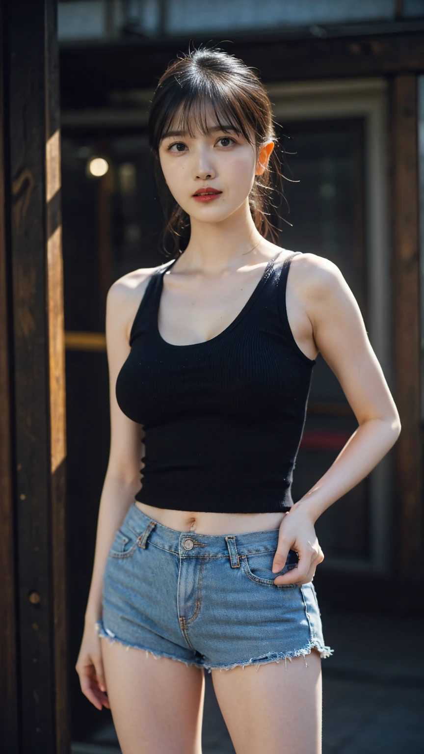 ((1girl)), woman, masterpiece, best quality, highest quality, cinematic lighting, (volumetric lighting), extremely detailed CG unity 8k wallpaper, focused, 8k wallpaper, extremely detailed, ultra realistic, photorealistic, sharp focus, absurdres, (HDR:1.2), (high contrast), photograph, detailed and intricate, instagram, portrait, highly detailed, digital painting, artstation, concept art, smooth, sharp focus, illustration, cinematic lighting, Front lighting, (big breast:1.3), (((skinny, slim legs))), (japanese idol posture), (knit strap tanktop, short pants, cleavage), looking at the viewer, (I don't see arms)), ((Standing)), ((Medium body shot, hip level shot))