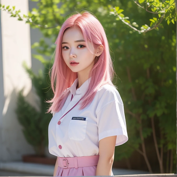 (bottomless :1.3),One person girl,View Lens,Pink Hair,Wear ,masterpiece,high quality,8K,最high quality,Realistically,Vivid details,One huge breasted girl,Adorable,Beautiful face with lots of detail,One Man,View your viewers,The street faces the wall,Standing on the street,uniform,Perfect detail。
