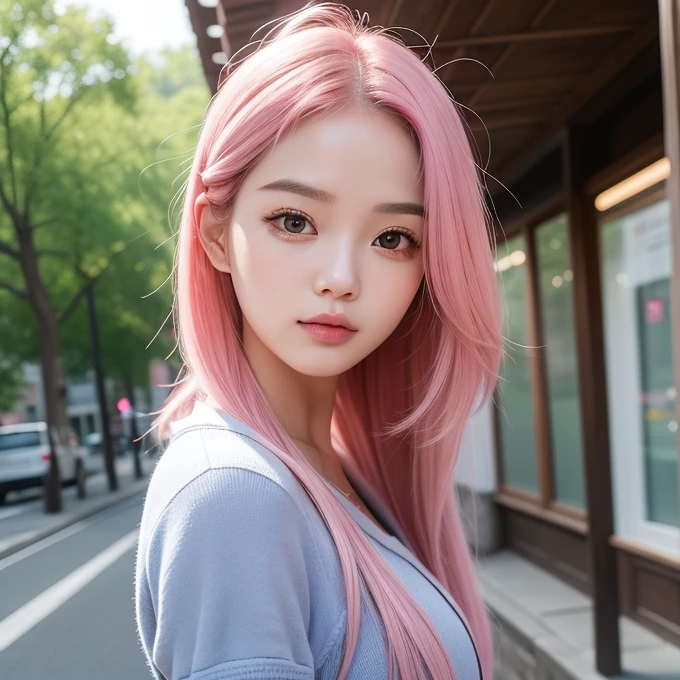 (bottomless :1.3),One person girl,View Lens,Pink Hair,Wear ,masterpiece,high quality,8K,最high quality,Realistically,Vivid details,One huge breasted girl,Adorable,Beautiful face with lots of detail,One Man,View your viewers,The street faces the wall,Standing on the street,uniform,Perfect detail。