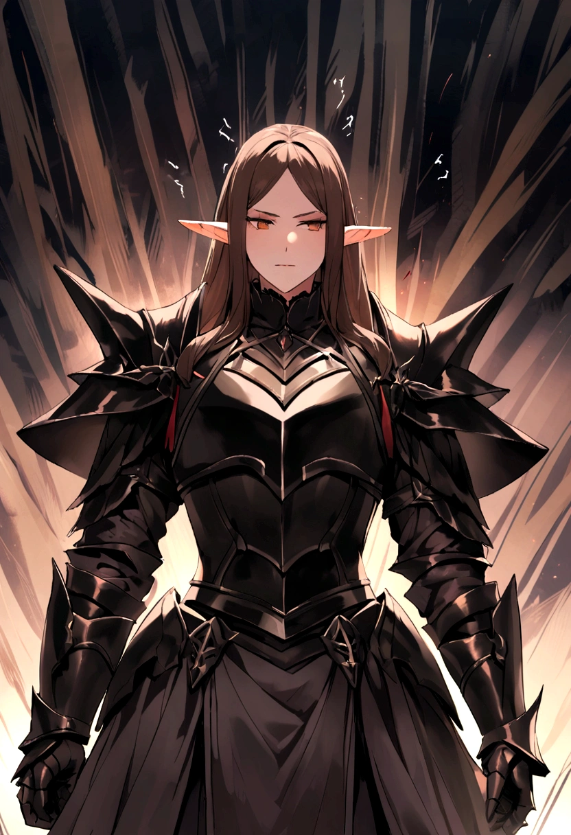 noble knight,Dignified,Royal Knights,armour,opulent,ultra - detailed,realisticlying, elf male, menacing aura, long brown hair