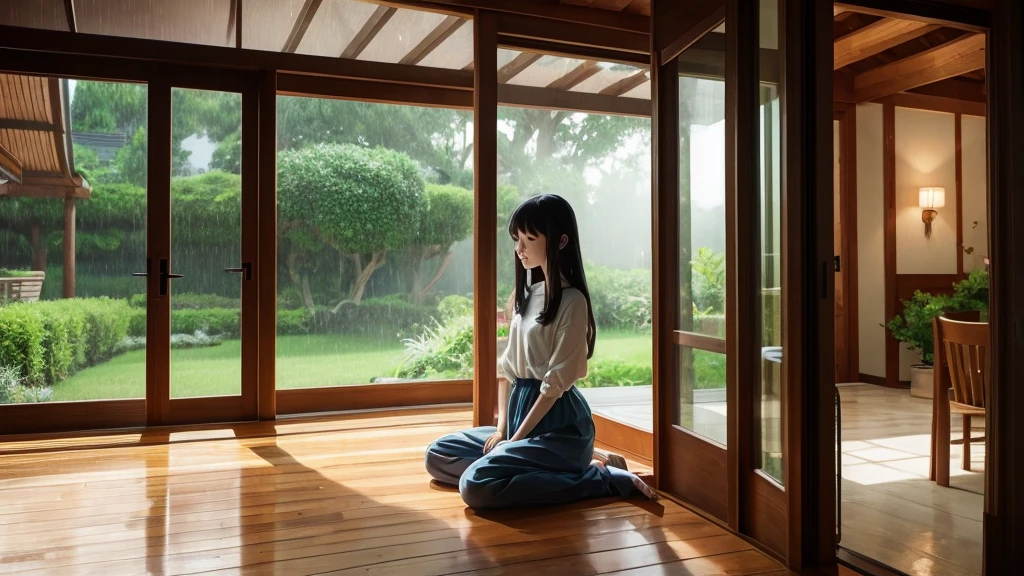 Ghibli anime style relax girl rain Inside the house