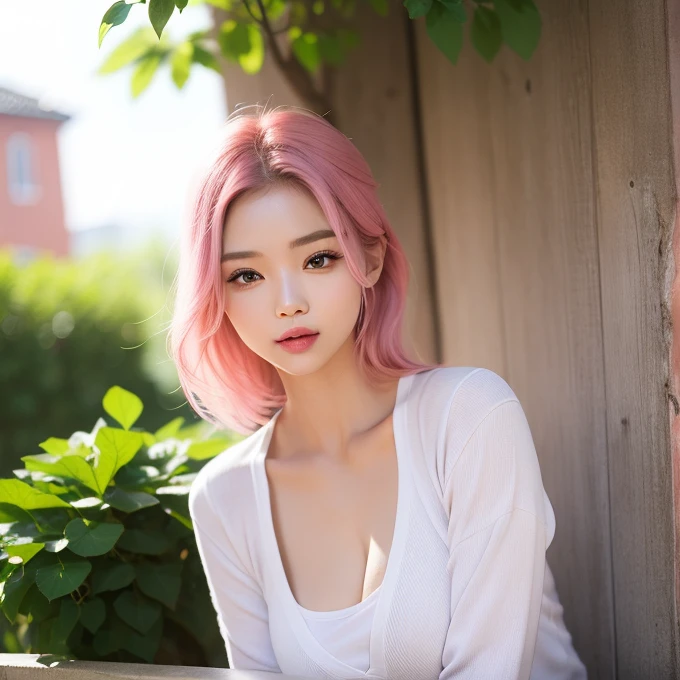 (Seductively Posing :1.3),One person girl,View Lens,Pink Hair,Wear ,masterpiece,high quality,8K,最high quality,Realistically,Vivid details,One huge breasted girl,Adorable,Beautiful face with lots of detail,One Man,View your viewers,The street faces the wall,Standing on the street,uniform,Perfect detail。