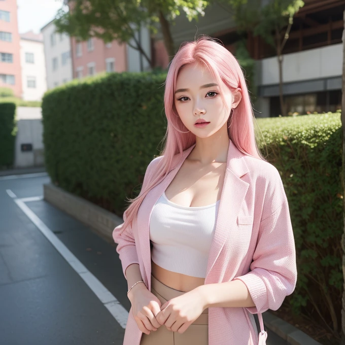 (Seductively Posing :1.3),One person girl，View Lens，Pink Hair，Wear ，masterpiece，high quality，8K，最high quality，Realistically，Vivid details，One huge breasted girl，Adorable，Beautiful face with lots of detail，One Man，View your viewers，The street faces the wall，Standing on the street，uniform，Perfect detail。