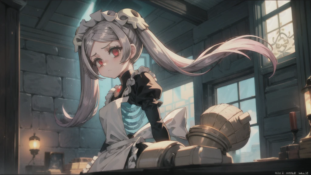 1girl, solo, indoors, skg_marie, maid, maid apron, maid headdress, twin tails, skull hair ornament, red brooch, juliet sleeves, light rays, glow, (masterpiece), thick thighs, wide hips, looking forward