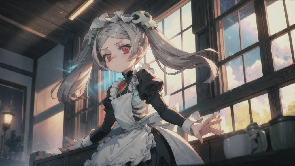 1girl, solo, indoors, skg_marie, maid, maid apron, maid headdress, twin tails, skull hair ornament, red brooch, juliet sleeves, light rays, glow, (masterpiece), thick thighs, wide hips, looking forward