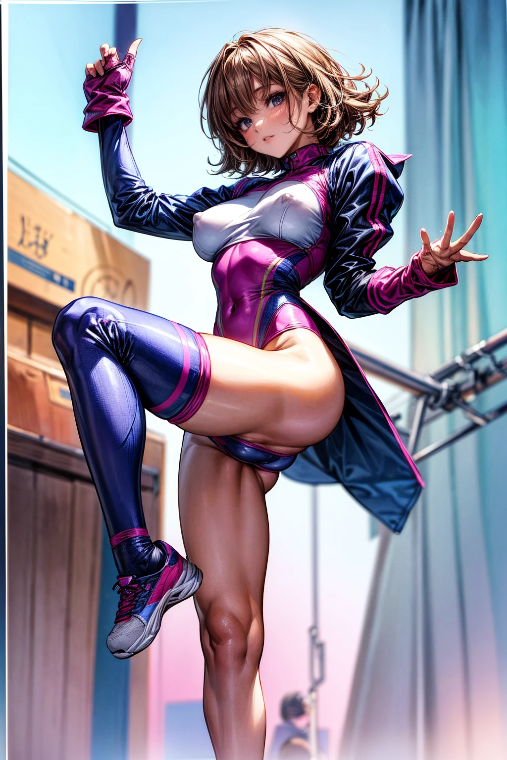 1980s Aerobics Style、High leg leotard、Colored tights、Vivid Color、sneakers、Detailed picture、girl、25-year-old woman、Dynamic and lively pose、Crotch line、Erect nipples