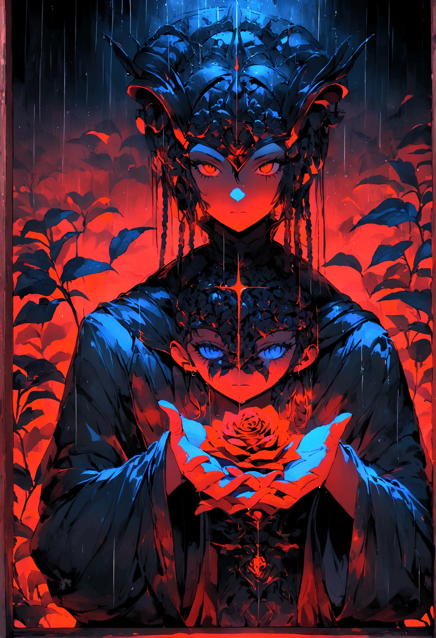 A warrior,Roses in hand,In the church,Mainly black and blue,red neon light,Night,rain