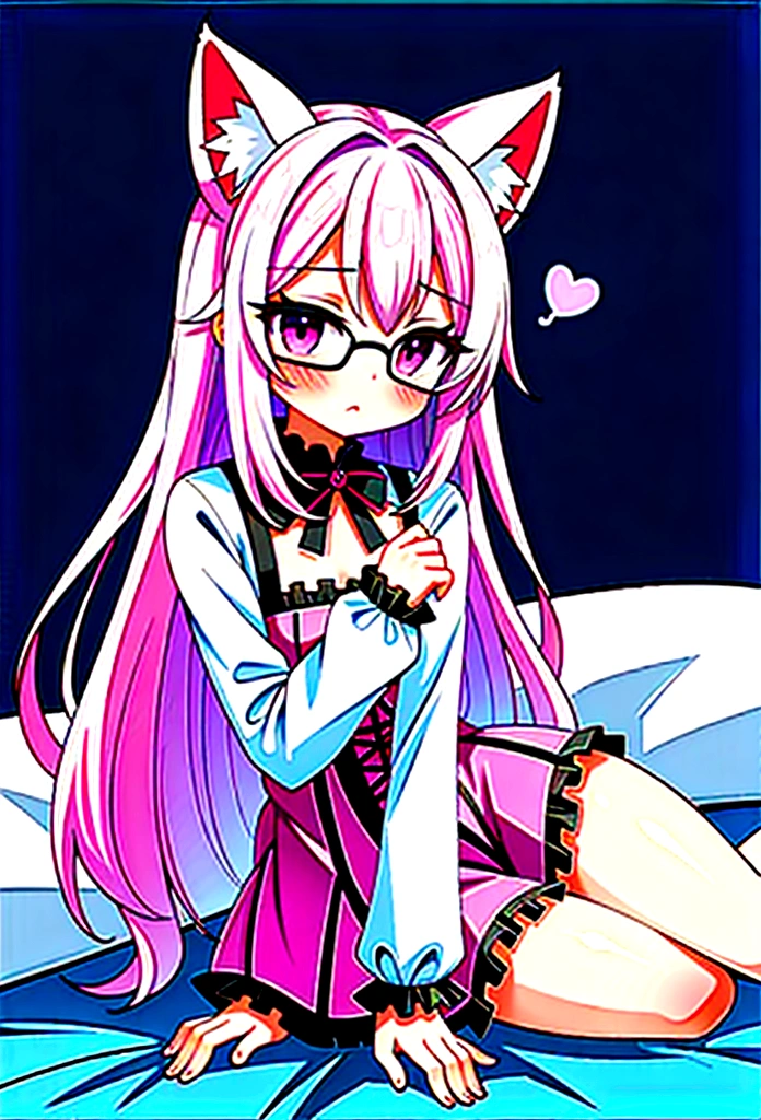 I have white pink hair, cat ears, a bun, my face is super blushing, black glasses, pink heart eyes, and if you could, in lingerie, black stockings, a cat's tail, a very shy girl, that you are lying on your bed how suspicious it is very small