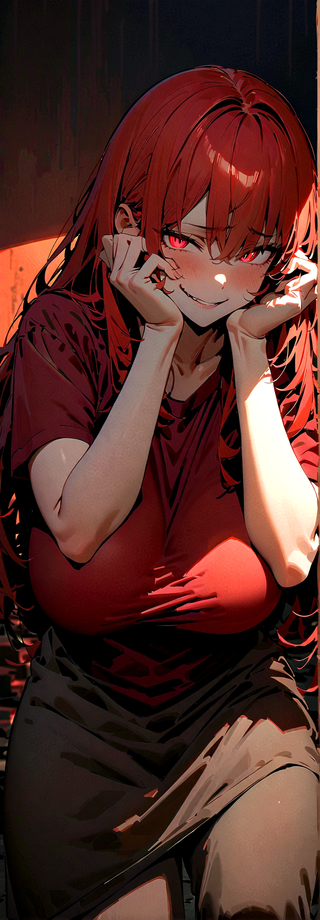 (Masterpiece:1.2, Best Quality), 1 woman posing with her hands on her face, whole body, T-shirt, Casual, big breasts,long red hair, minimal makeup,pale,Natural fabrics, closeup face, evil smile, bright red eyes circular pupils,8K high resolution, detailed lines, ((whole body))