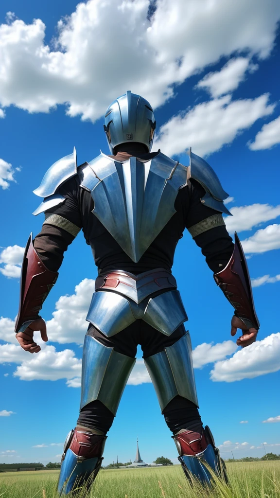 high resolution、Vast grassland、Blue sky、One man、wearing iron armor、back pose、live-action、