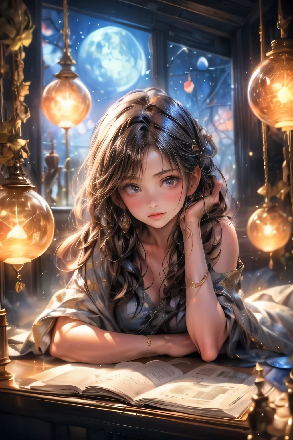 a beautiful cute girl, fortune telling, beautiful detailed eyes, long eyelashes, beautiful detailed lips, an astrologer, astrology book, at the shady fortune-telling house, sun, moon, planets, horoscope, (best quality,4k,8k,highres,masterpiece:1.2),ultra-detailed,(realistic,photorealistic,photo-realistic:1.37), glasses, mysterious atmosphere, mysterious clothes, standing
