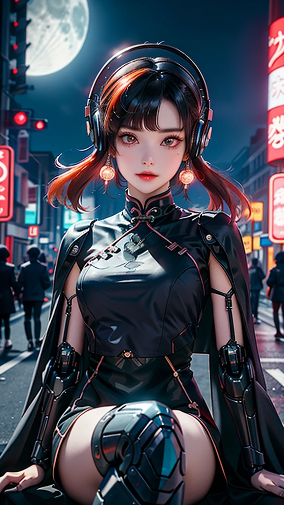 1 girl, Chinese_clothes, metallic black titanium and pink, cyberhan, cheongsam, cyberpunk city, dynamic pose, detailed luminescent headphones, luminous hair accessories, long hair, luminous earrings, glowing necklace, cyberpunk, high-tech city, full of mechanical and futuristic elements, futuristic, technology, glowing neon, pink, pink light, sexy skirt, translucent black cape, laser light, digital background urban sky, big moon, with vehicle, best quality, masterpiece, 8K, Character edge light, super high detail, high quality, the most beautiful woman in human beings, smile, face facing front and left and right symmetry, ear decoration, long antenna glow, beautiful pupils, light effects, visual data, silver-red-orange hair dyed hair, ultra-detailed face texture, happy, weapon system, crowded street passers-by, mecha style, overhead luminous antenna, back jet, girl sitting