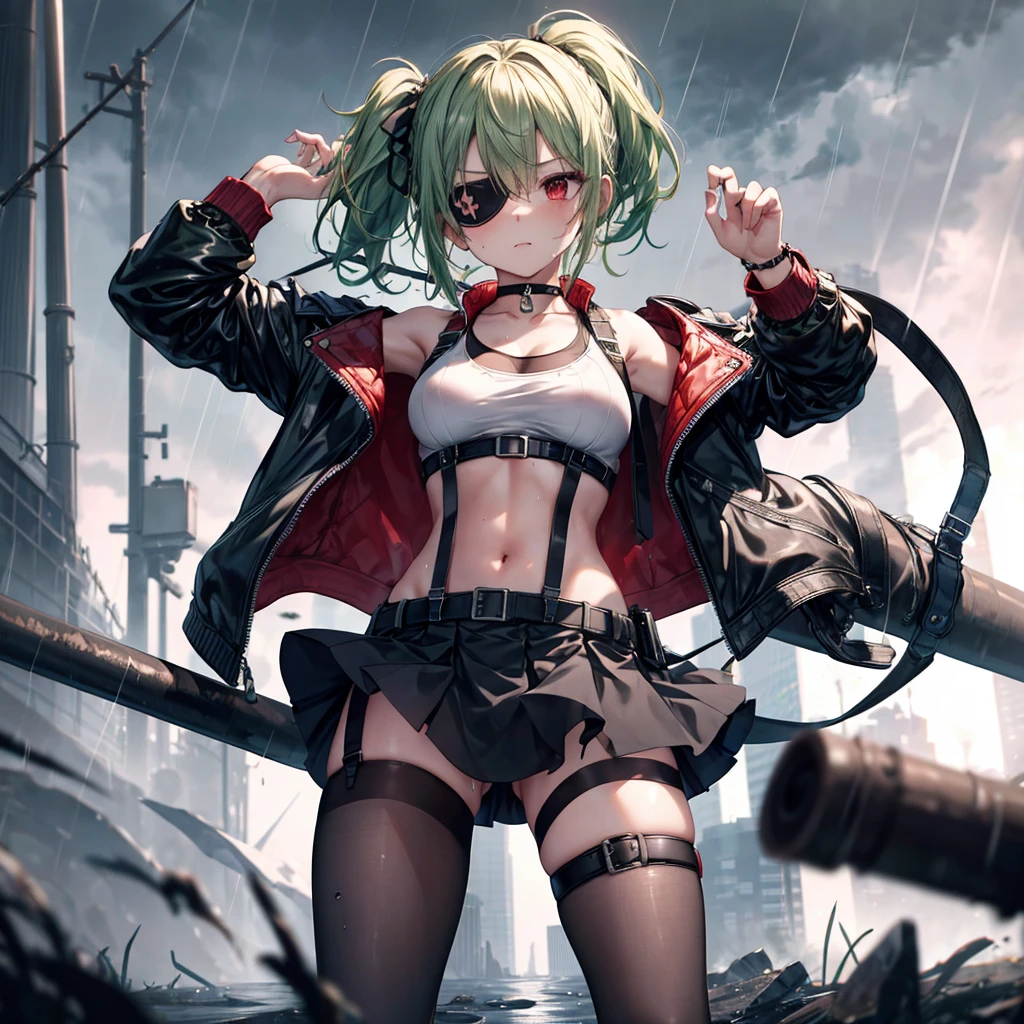 ((Highest quality)), ((masterpiece)), ((detailed)), (4K), 1woman, 独奏, ((eyepatch)), red eye, middle hair, messy hair, green hair, side ponytail, (fighter), crop top, leather jacket, medium breasts, see through, Torn miniskirt, suspender skirt, torn pantyhose, choker, bracelet, ((rain)), (wet), gloves, (expressionless), scowl, (from below), (looking down), face focus, looking at viewer, (open legs), fighting stance, wasteland, town, blurry background
