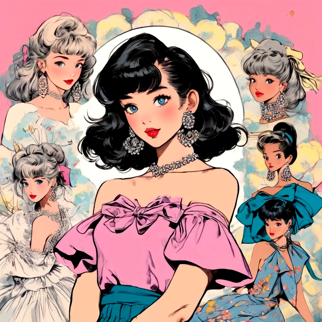 A retro girl（Cute:1.3 points）,（Eighties:1.4 points）,（Retro Hong Kong style:1.3 points），Vintage pictorial，Showa manga，1990s animation style，Vintage jewelry，Black short hair，earrings，necklace，Blue Eyes，Bow，Bust，clavicle，Pink lips，Off-shoulder tops，黑色necklace，Bangs，Simple background，（Gray tone：1.2）