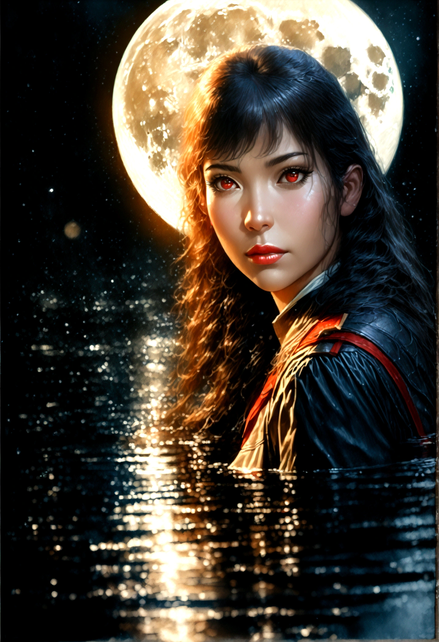 a beautiful young girl in a black military uniform, black long hair, red eyes, standing under a full moon with the moonlight casting shadows on her face, reflected in the calm waters of a lake, with ethereal, fantastical atmosphere, (best quality,4k,8k,highres,masterpiece:1.2),ultra-detailed,(realistic,photorealistic,photo-realistic:1.37),highly detailed face, eyes, lips, long eyelashes, dramatic lighting, dramatic shadows, beautiful detailed eyes, beautiful detailed lips, extremely detailed eyes and face, long eyelashes, military uniform, black hair, red eyes, full moon, moonlight, lake, water reflection, light particles, fantasy, dramatic, cinematic