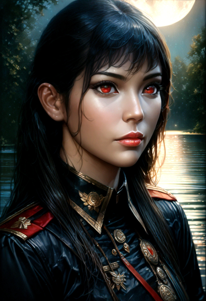 a beautiful young girl in a black military uniform, black long hair, red eyes, standing under a full moon with the moonlight casting shadows on her face, reflected in the calm waters of a lake, with ethereal, fantastical atmosphere, (best quality,4k,8k,highres,masterpiece:1.2),ultra-detailed,(realistic,photorealistic,photo-realistic:1.37),highly detailed face, eyes, lips, long eyelashes, dramatic lighting, dramatic shadows, beautiful detailed eyes, beautiful detailed lips, extremely detailed eyes and face, long eyelashes, military uniform, black hair, red eyes, full moon, moonlight, lake, water reflection, light particles, fantasy, dramatic, cinematic