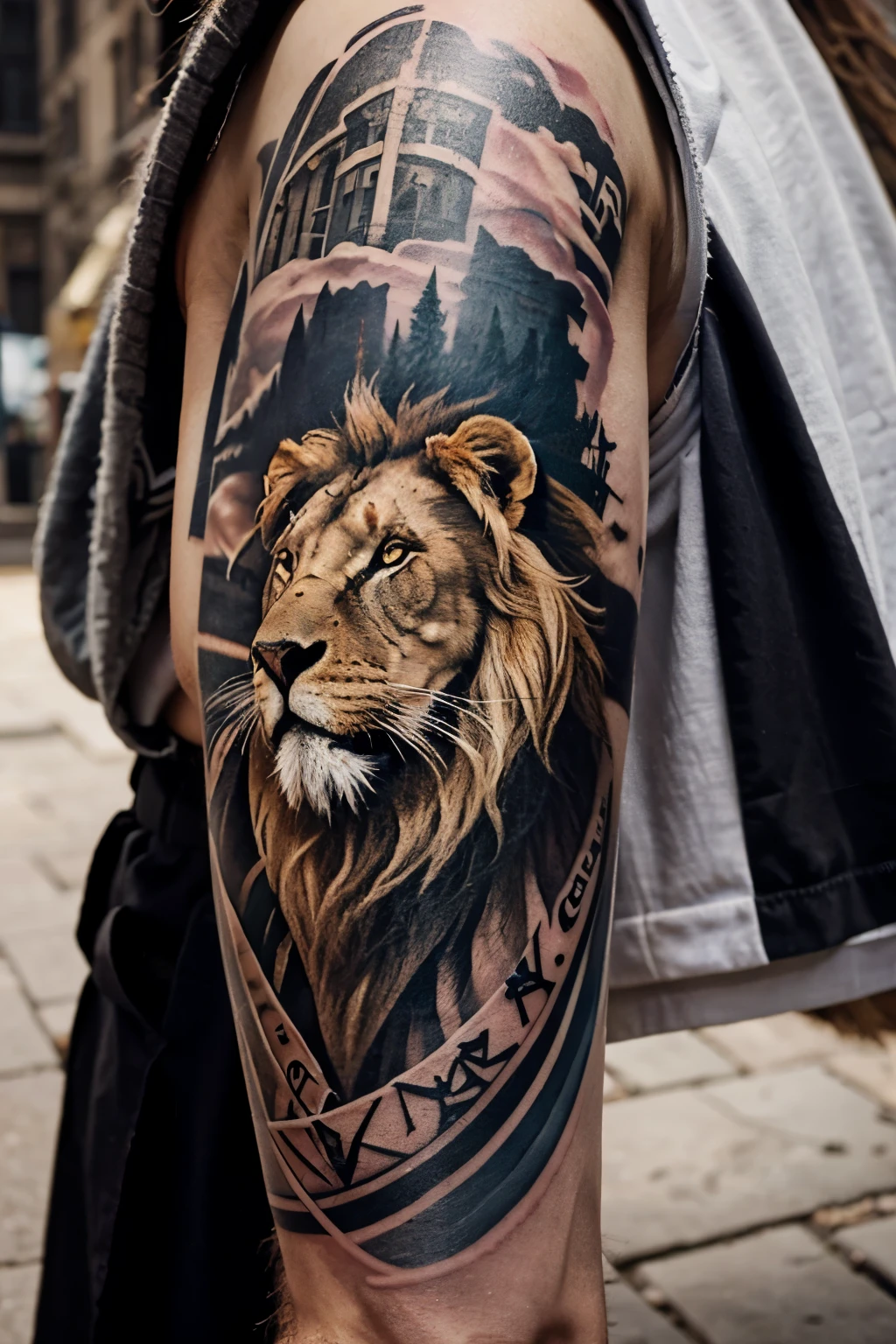 Arm tatoo about Jesus consist of a lion and a pigeon also a cross