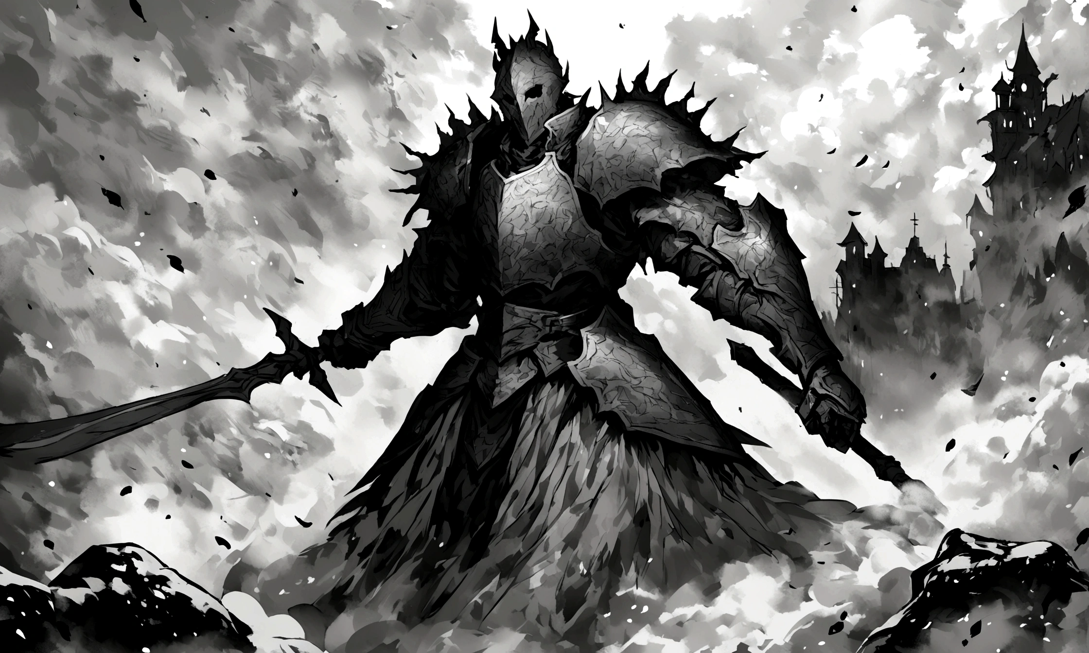 Create an impressionist painting of a spooky warrior knight, snow, Space Ash, Artistic, complicated,fog,Monochrome
