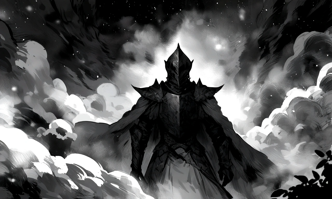 Create an impressionist painting of a spooky warrior knight, snow, Space Ash, Artistic, complicated,fog,Monochrome