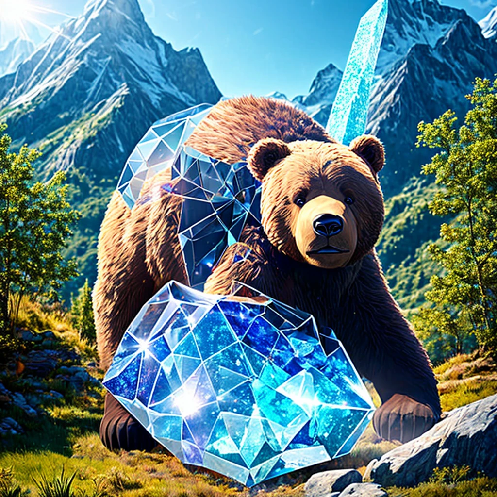 A gigantic bear cloaked in transparent crystals, residing deep within the mountains, shimmering beautifully under the sunlight, displaying the serene and majestic Crystal Bear